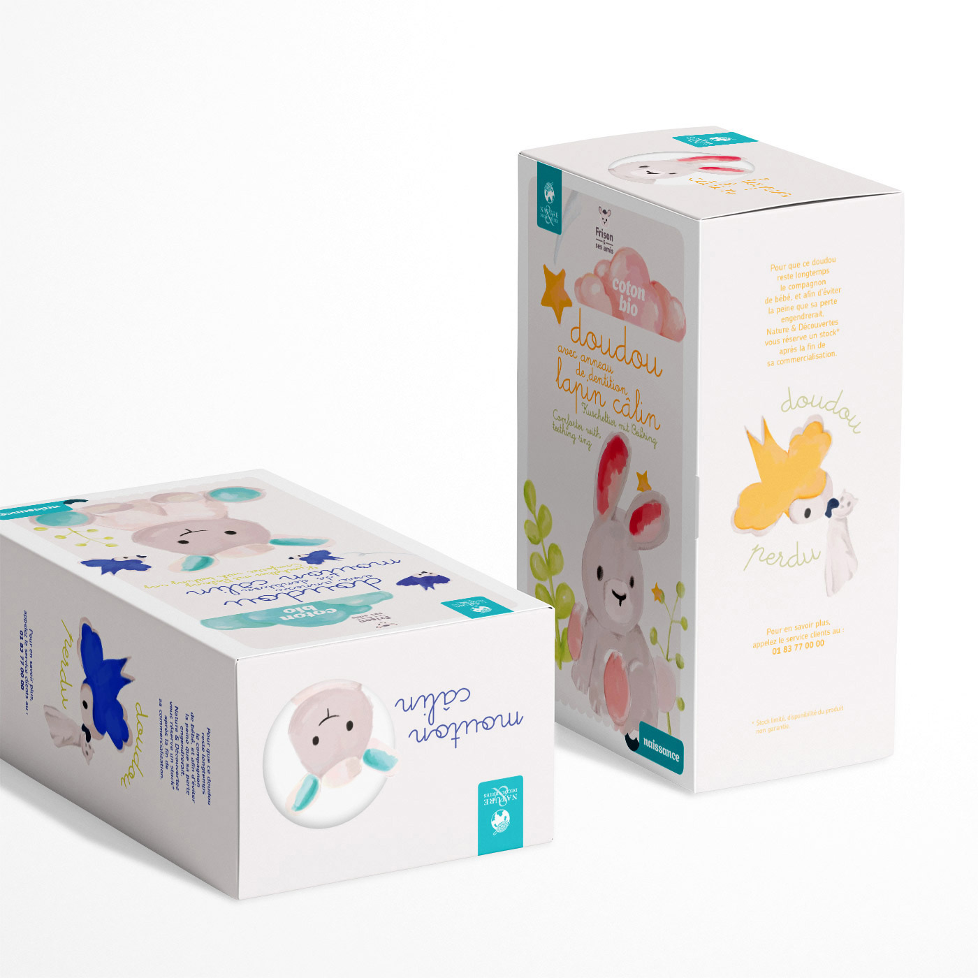 Design graphique de 2 packagings de doudous gamme naissance