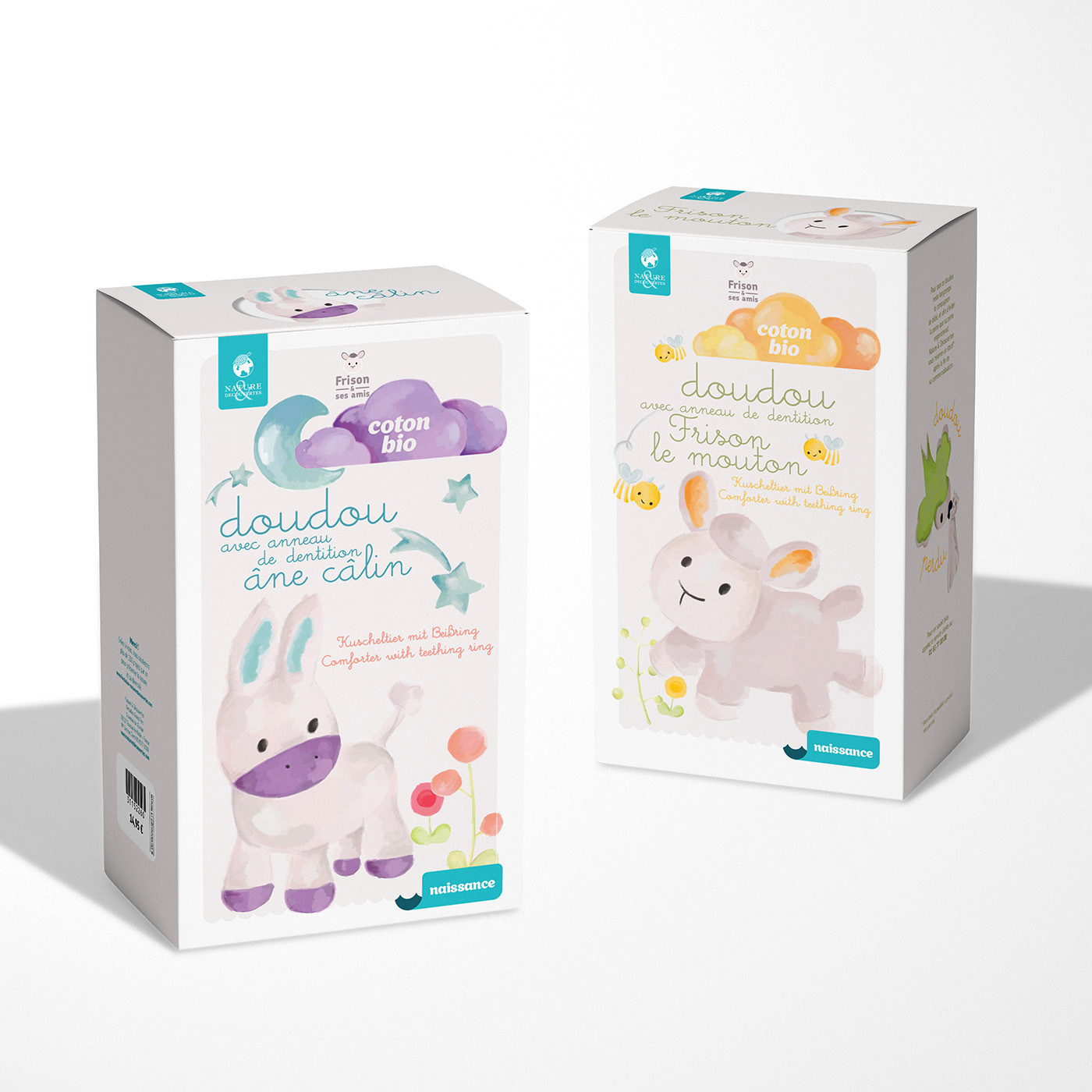 Design graphique de 2 packagings de doudous gamme naissance